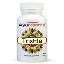 AyuMantra Trishala tablets bottle front view, Ayurvedic Triphala and Shilajeet supplement.
