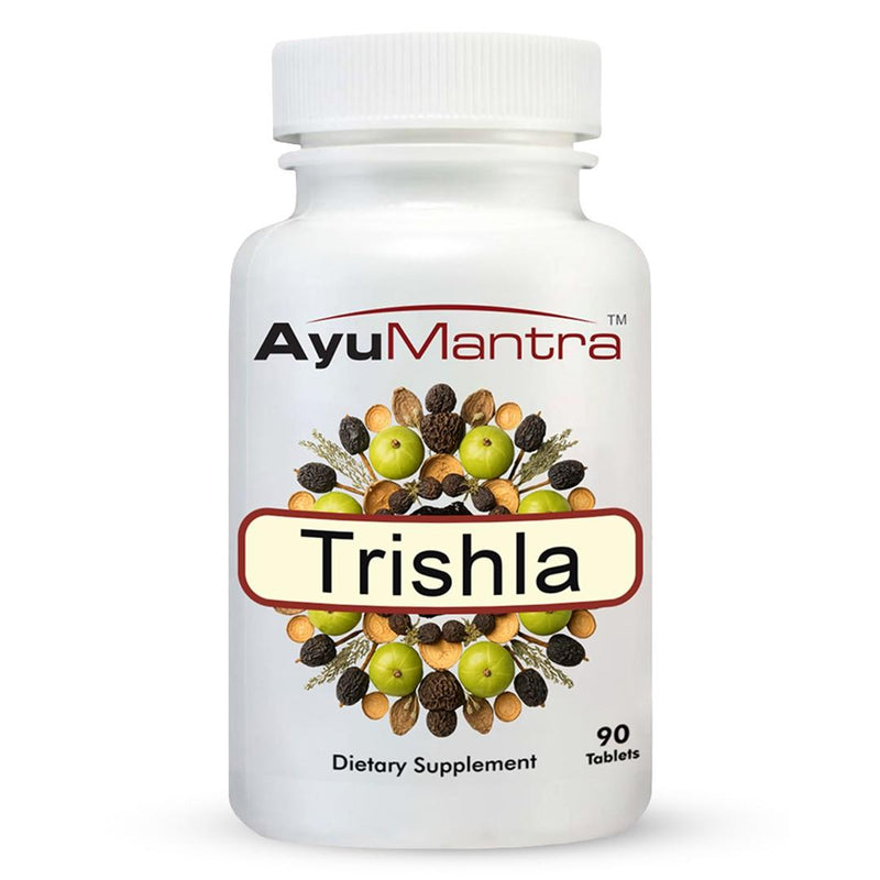 AyuMantra Trishala tablets bottle front view, Ayurvedic Triphala and Shilajeet supplement.