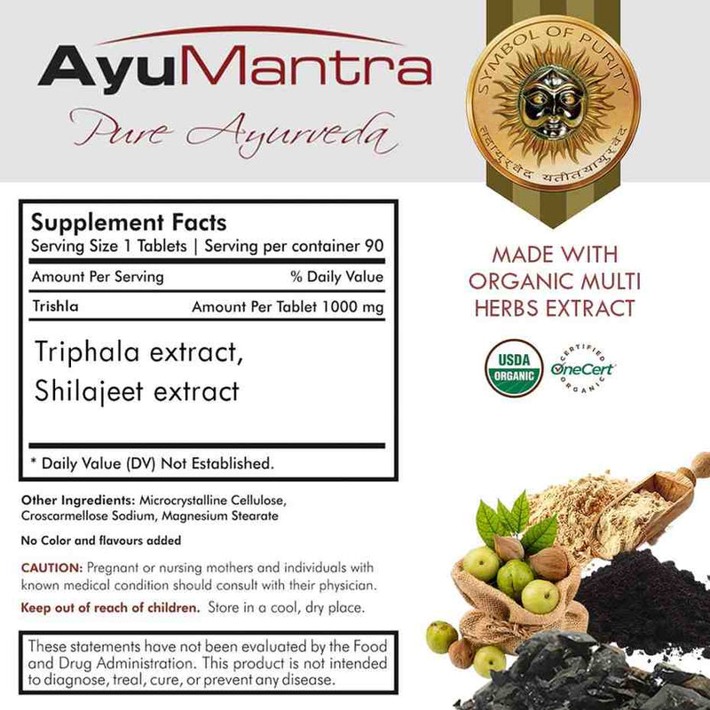 AyuMantra Trishala tablets supplement facts label showing Triphala and Shilajeet extract details.