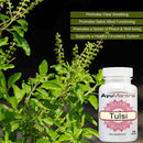 AyuMantra Tulsi tablets bottle beside fresh holy basil plant with benefit text about breathing and wellbeing.