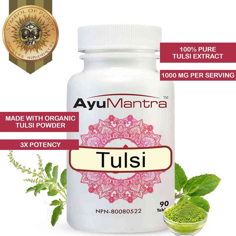 AyuMantra Tulsi tablets hero image with purity badge, basil leaves and bright green powdered extract.