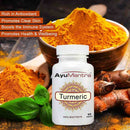 Ayumantra Turmeric tablets bottle in front of turmeric powder bowl promoting antioxidant support.