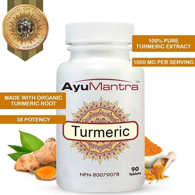 Ayumantra Turmeric tablets bottle with organic turmeric root, 3x potency claim and seal.