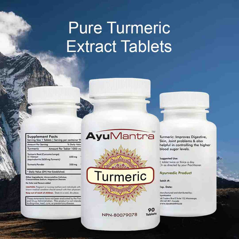 Ayumantra Turmeric tablets bottles front and back with pure turmeric extract text and mountains.
