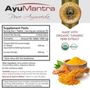 Ayumantra Turmeric tablets supplement facts panel listing organic Curcuma longa extract and powder