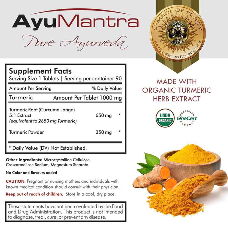 Ayumantra Turmeric tablets supplement facts panel listing organic Curcuma longa extract and powder