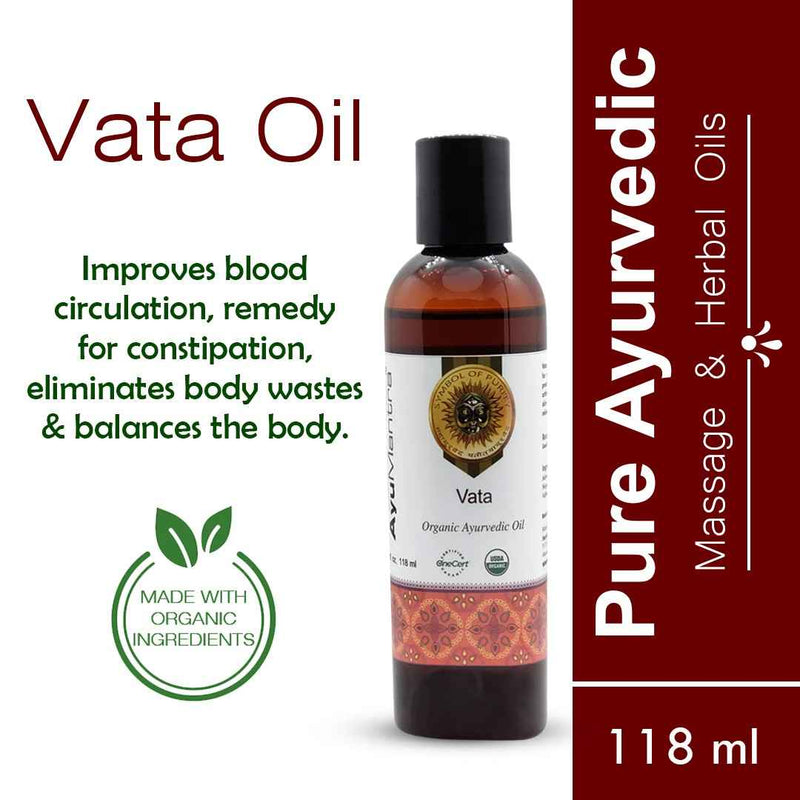 Vata oil bottle with label and text on a white background