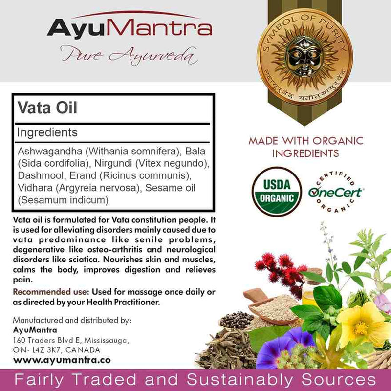 AyuMantra Vata Oil packaging with ingredients list, organic certification logos, and natural elements.