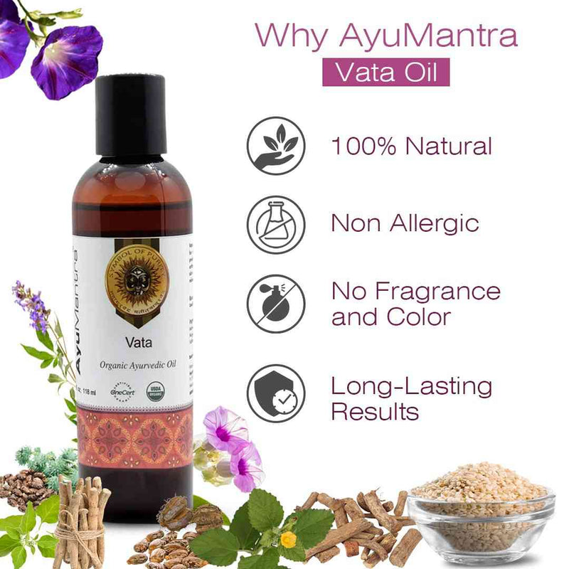 AyuMantra Vata oil bottle with natural ingredients and benefits on a white background