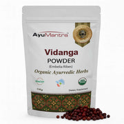 AyuMantra Vidanga Powder packaging with organic certification logos on a white background