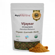 AyuMantra Vijaysar Powder packaging with a small amount of powder on a white background