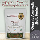 Vijaysar Powder packaging with AyuMantra branding on a light gray background