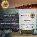 Ayurvedic herbs powder packaging with scenic background
