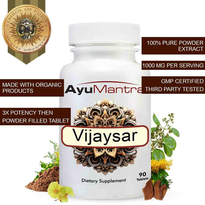 AyuMantra Vijaysar tablets bottle with herbal plant, root pieces and benefit text callouts.