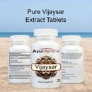 AyuMantra Vijaysar tablets shown from front and back, highlighting label and dosage details.