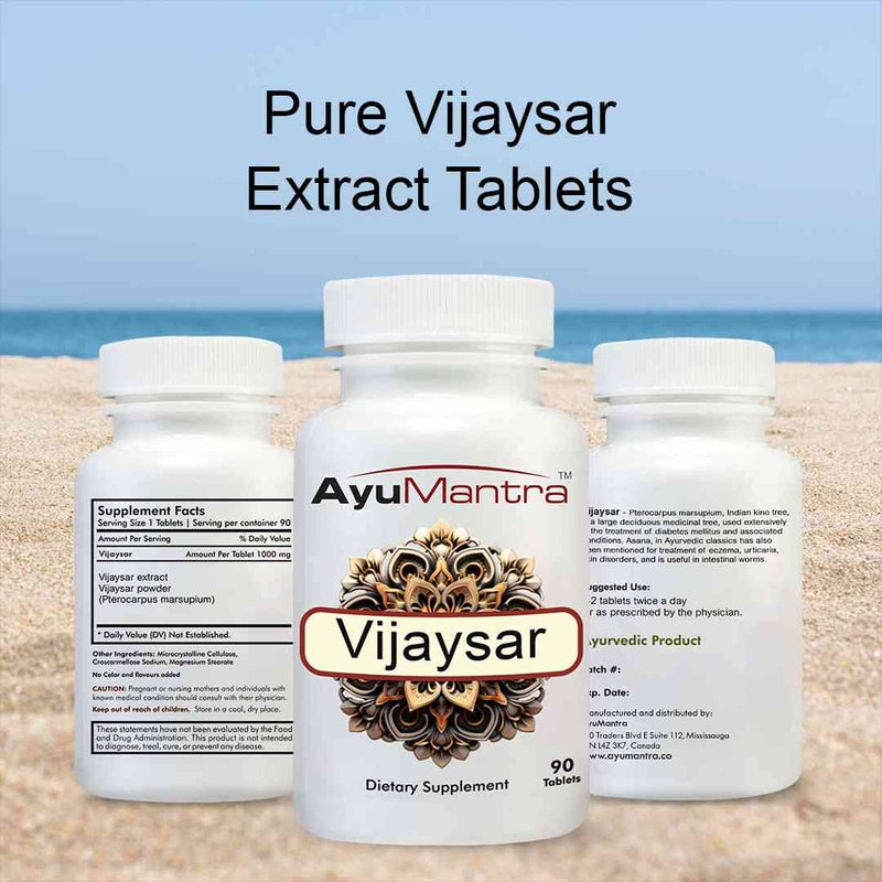 AyuMantra Vijaysar tablets shown from front and back, highlighting label and dosage details.