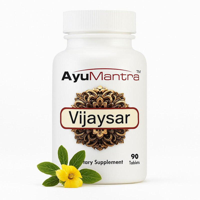 AyuMantra Vijaysar tablets bottle with fresh yellow flower and green leaves on white background