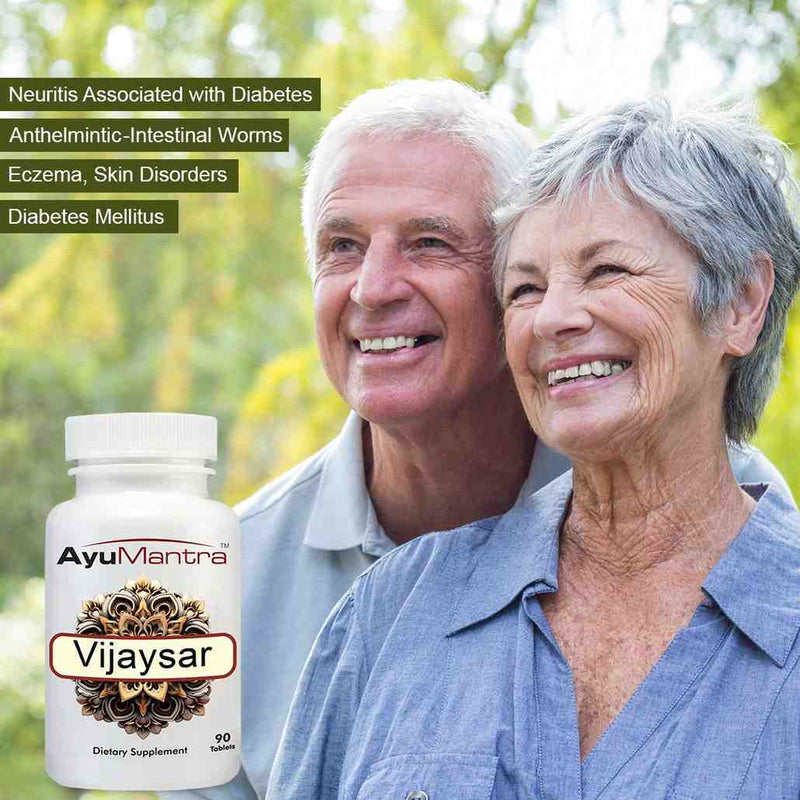 Smiling senior couple with AyuMantra Vijaysar tablets bottle, representing healthy active lifestyle.