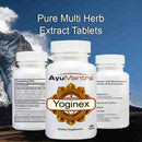 Front and back Ayumantra Yoginex tablets bottles with supplement facts text, pure multi herb extract formula.
