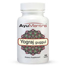 Front packshot of AyuMantra Yograj Guggul tablets showing mandala label on white bottle