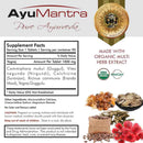 Supplement facts of AyuMantra Yograj Guggul tablets with images of guggul resin and other herbs