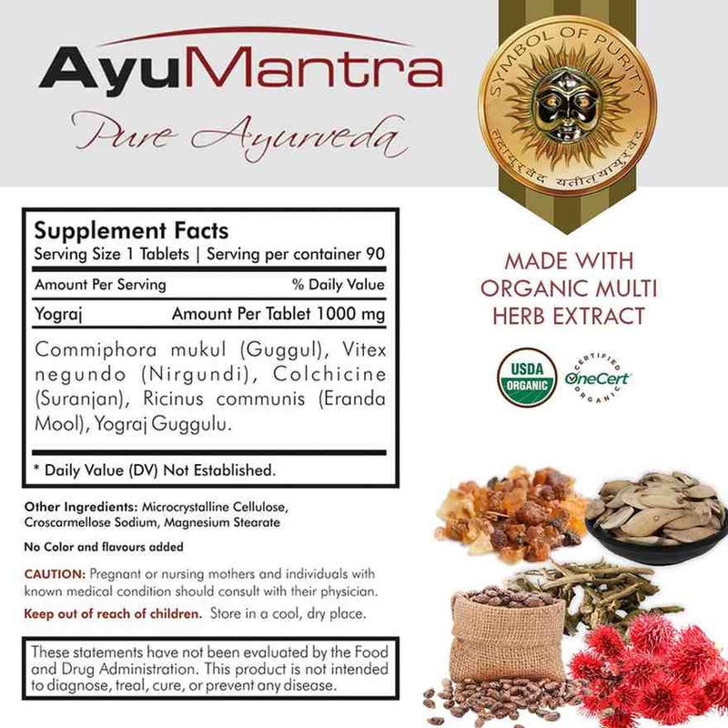 Supplement facts of AyuMantra Yograj Guggul tablets with images of guggul resin and other herbs