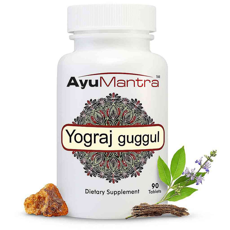 AyuMantra Yograj Guggul tablets bottle with guggul resin and green herbal sprig in front
