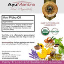 AyuMantra Yoni Pichu Oil packaging with ingredients list, certification logos, and product description.