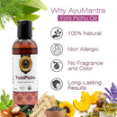 Yoni Pichu oil bottle with natural ingredients and benefits on a white background