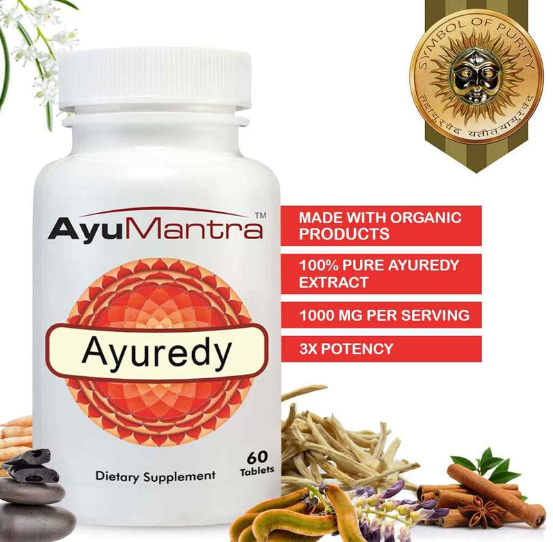 Ayuredy tablets bottle with potency claims and organic herbal ingredients like roots and spices on clean background.