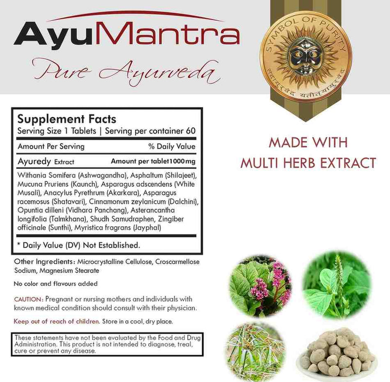 Supplement facts and organic herbs for Ayuredy tablets made with multi herb extract.