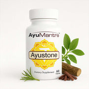 AyuMantra Ayustone capsules bottle on white background with herbs and roots around it.