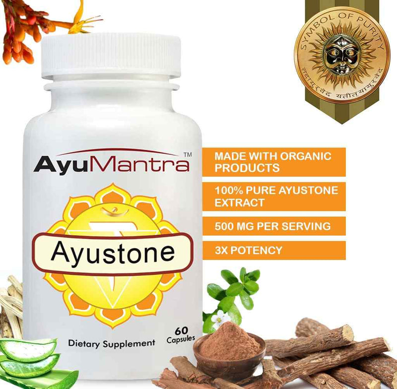 Ayustone capsules bottle with organic herbs, roots, and purity badge shown around it.