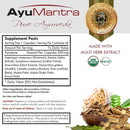 Ayustone capsules supplement facts panel with ingredient list and organic certification logos.