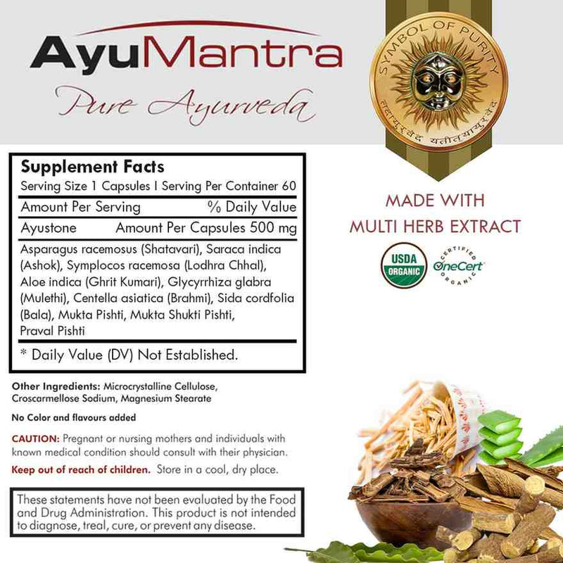 Ayustone capsules supplement facts panel with ingredient list and organic certification logos.
