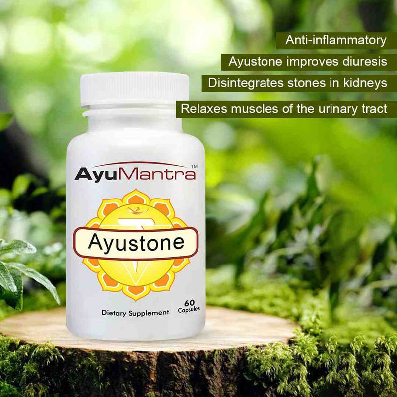 Ayustone capsules bottle on a tree stump with text highlighting urinary tract support benefits.