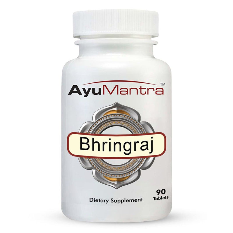 Ayumantra Bhringraj tablets dietary supplement, 90-tablet bottle front label closeup.