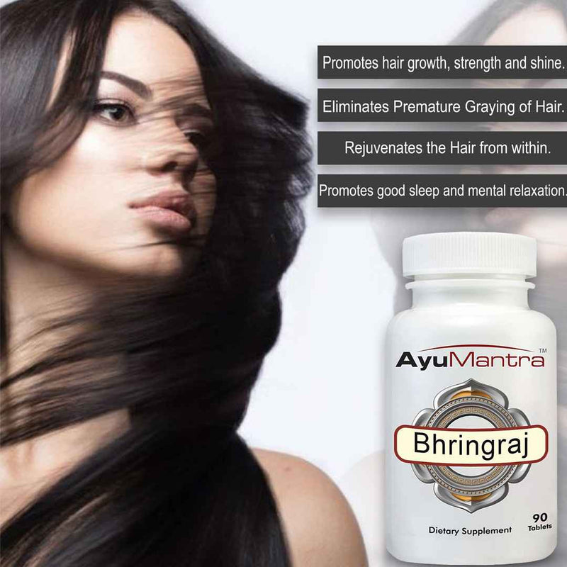 Woman with long flowing hair beside Ayumantra Bhringraj tablets bottle for hair and scalp support.