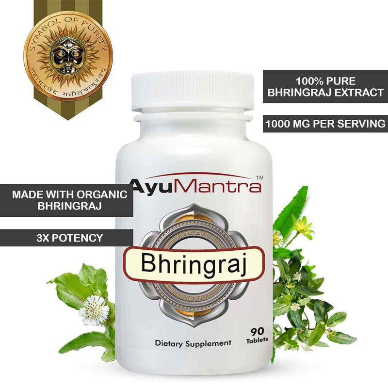 Bhringraj tablets bottle with organic bhringraj herb, purity seal and 1000 mg per serving highlight.