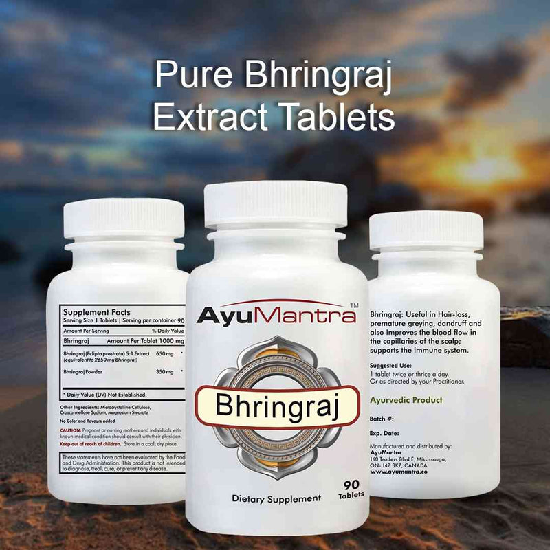 Three Ayumantra Bhringraj tablets bottles showing pure extract caption, supplement facts and usage text.