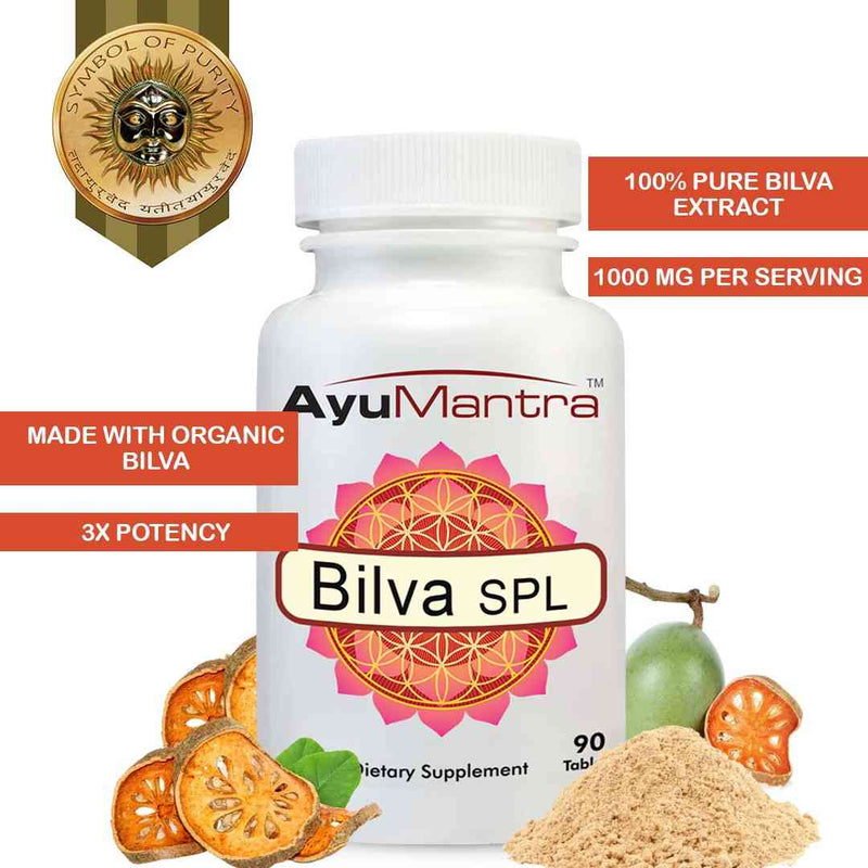 Bilva SPL tablets bottle with dried and fresh bilva fruit slices and text made with organic bilva.