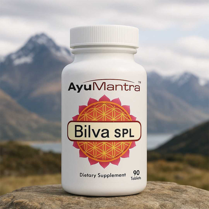 Ayumantra Bilva SPL tablets bottle standing on a rock with mountain landscape in the background.
