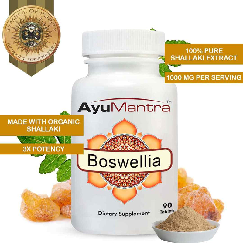 Ayumantra Boswellia tablets bottle with organic Shallaki extract claim, resin chunks and powder in front