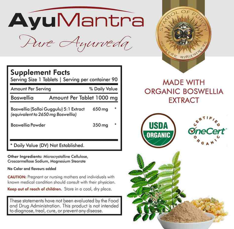 Boswellia tablets supplement facts panel with USDA organic logos, herb leaves, resin and powder at the bottom