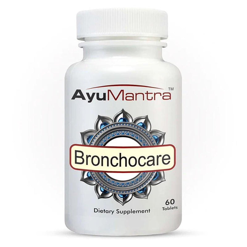 Front view of Ayumantra Bronchocare tablets bottle, 60 tablet dietary supplement.