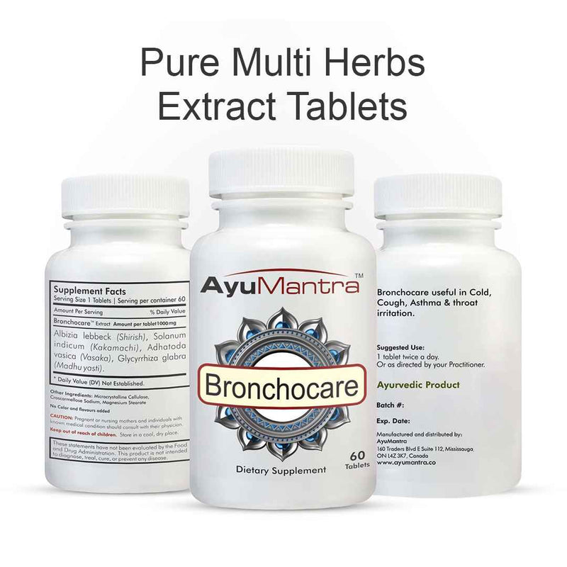 Three Bronchocare tablets bottles showing front label and supplement facts text.