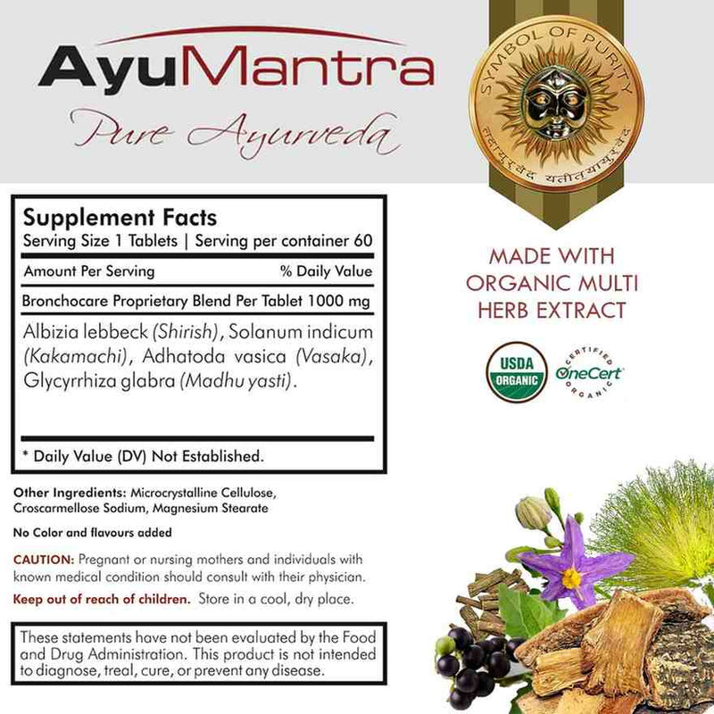 Bronchocare tablets supplement facts label with USDA organic logos and Ayurvedic herbs.