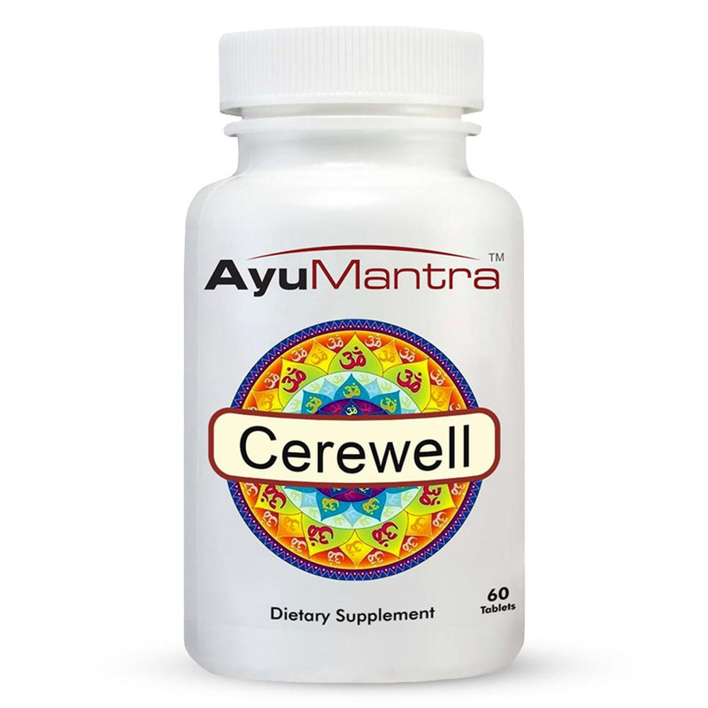 Close-up of AyuMantra Cerewell tablets bottle showing colorful mandala label and 60 tablet count.