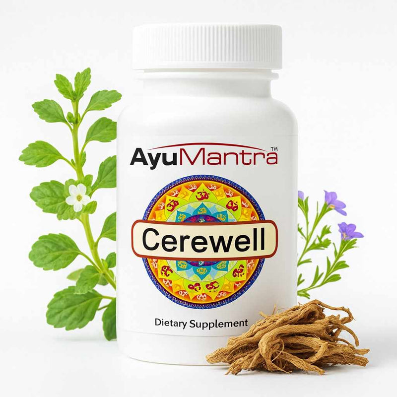 Cerewell tablets bottle on white background with Brahmi leaves, flowers and dried roots beside it.