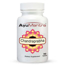 Front packshot of AyuMantra Chandraprabha vati tablets, 90 count dietary supplement bottle.